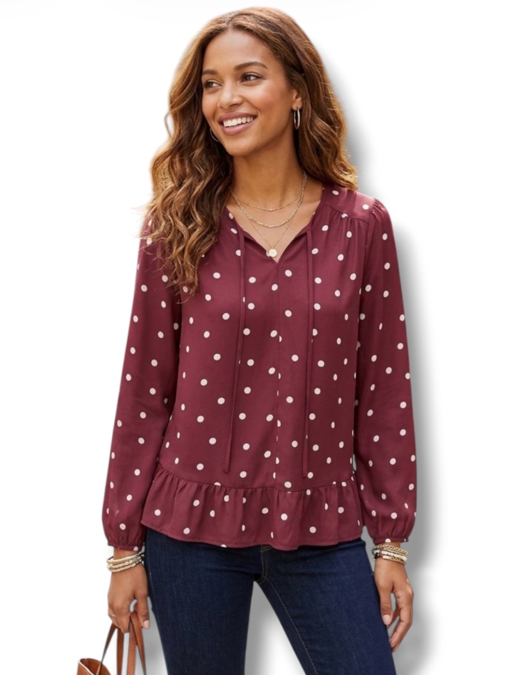 LOFT Maroon Polka Dot Ruffle Hem Blouse - Size M